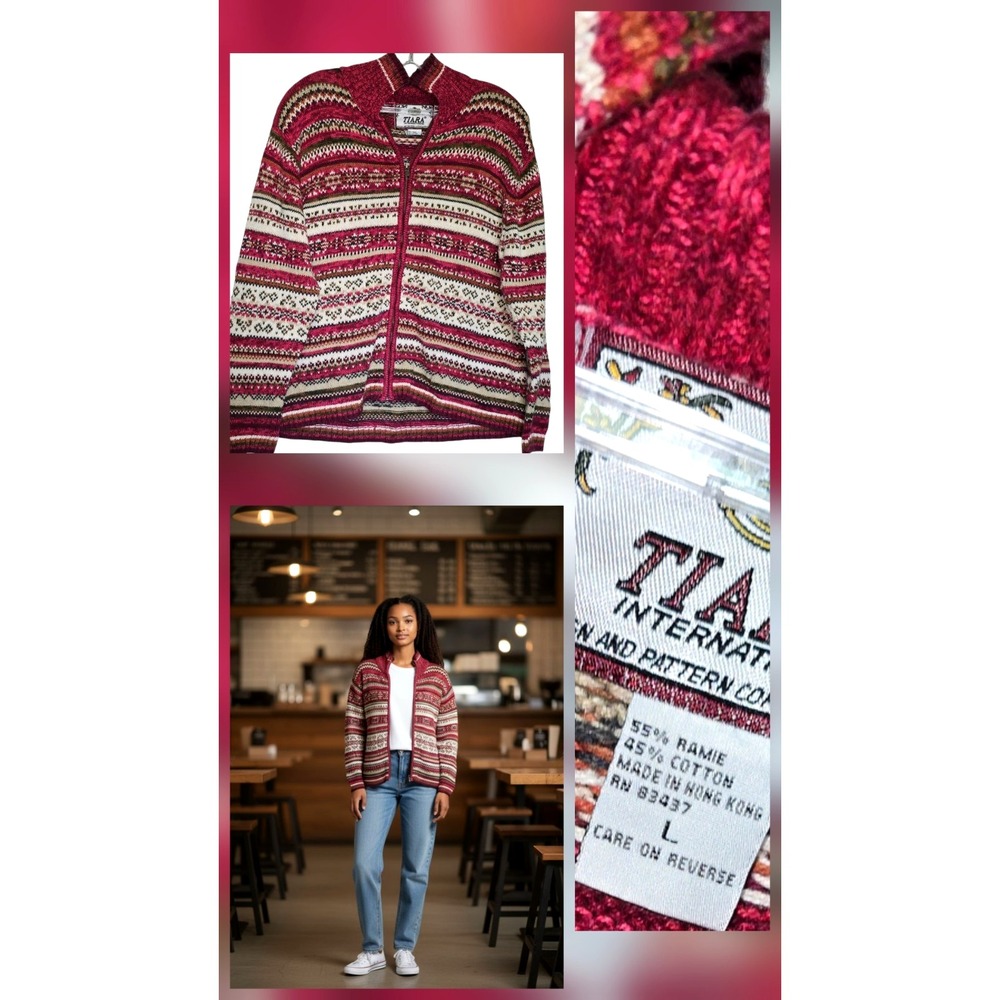 Vintage Tiara International Sweater Womens sz Large Cardigan Fair Isle Christmas
